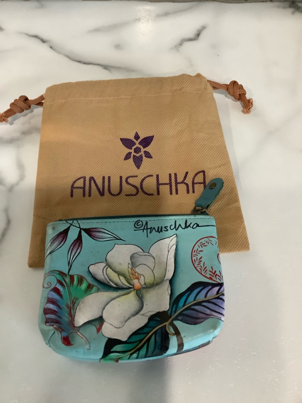 Anuschka Turquoise Floral Hand-Painted Leather Coin Pouch
